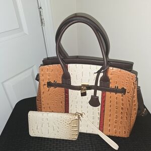 Tan and Cream Structured Shoulder Bag with Decorative Hardware